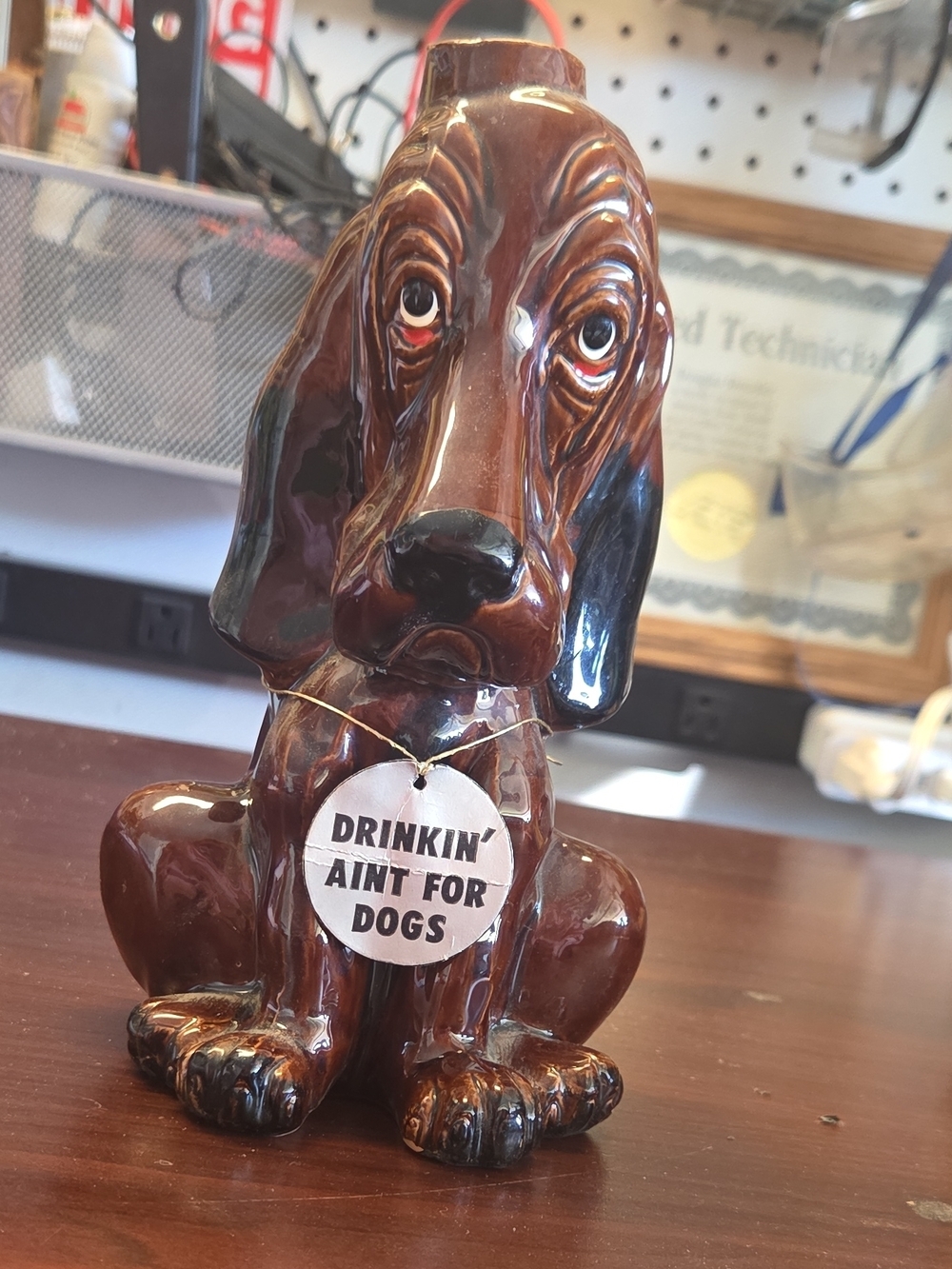 Enesco Brown Glossy Ceramic Basset Hound Figurine with Pendant